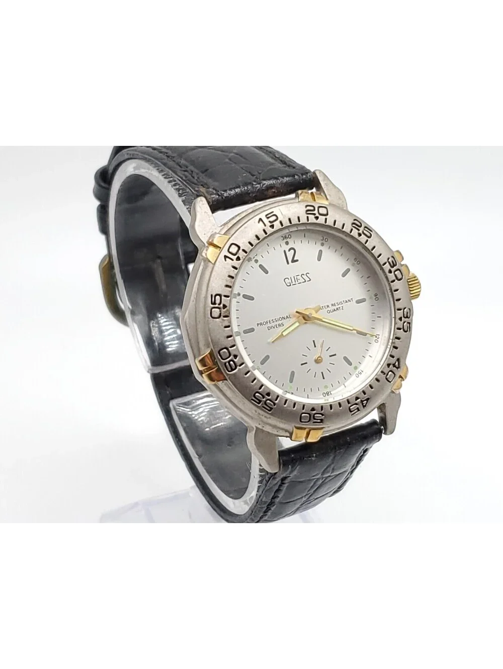 Vintage 1991 Guess Quartz Watch New Battery Diver Style Silver Tone 34mm